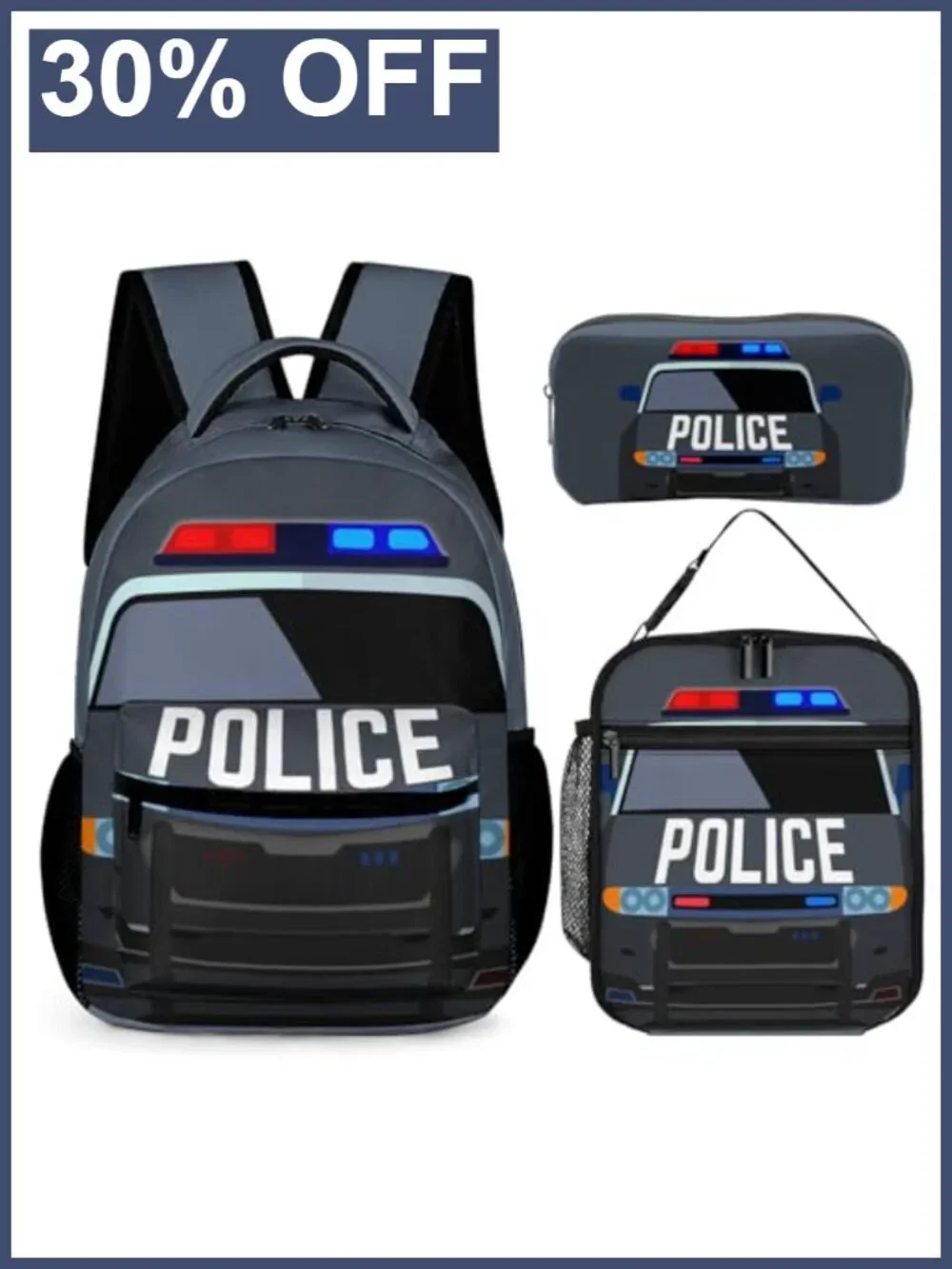Kids Police Car Backpack Set Lunch Box Pencil Case School